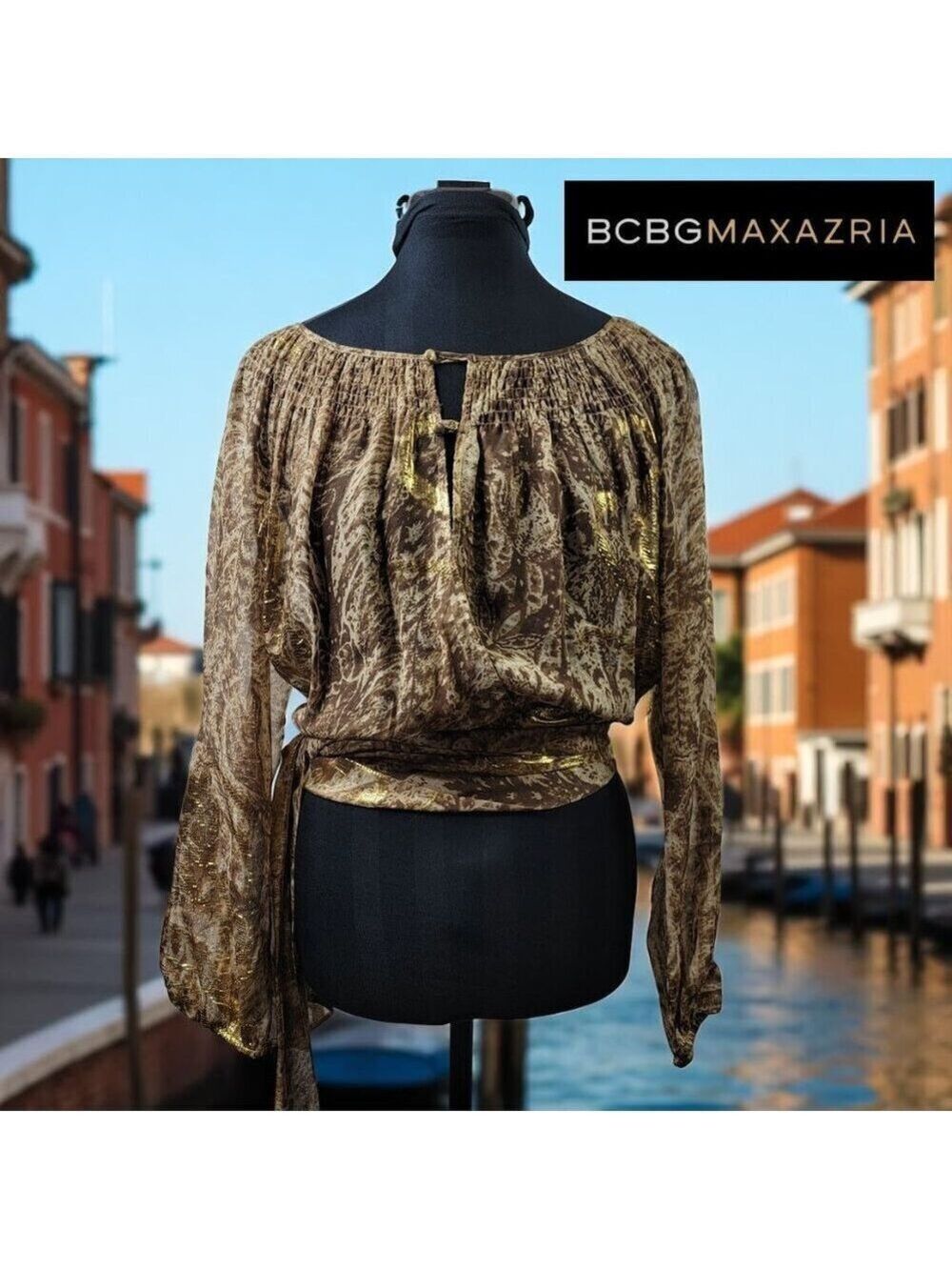 BCBG Maxazria Metallic Paisley Sheer Wrap Blouse Sz S